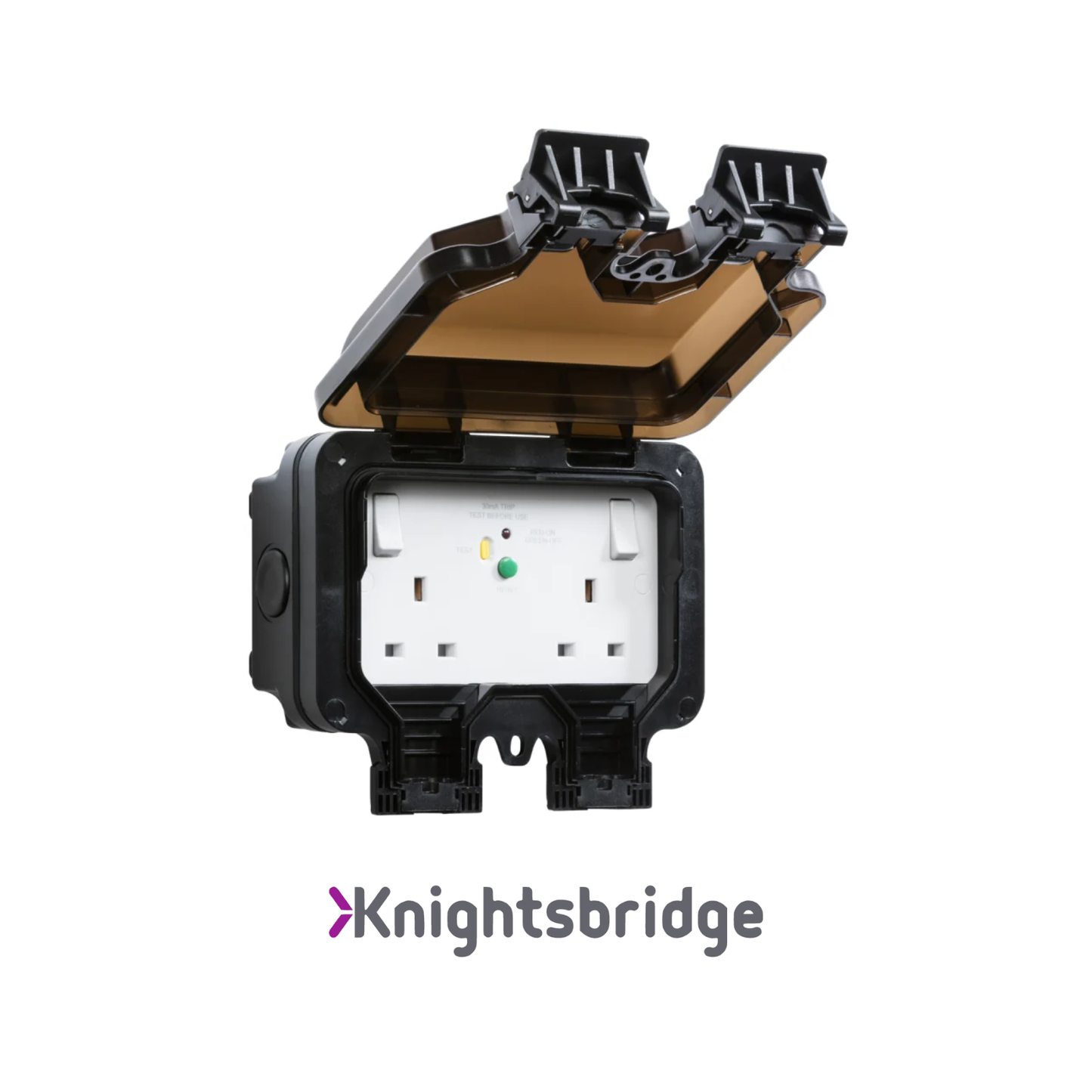 Electrical socket with open cover on a white background, featuring the Knightsbridge brand.