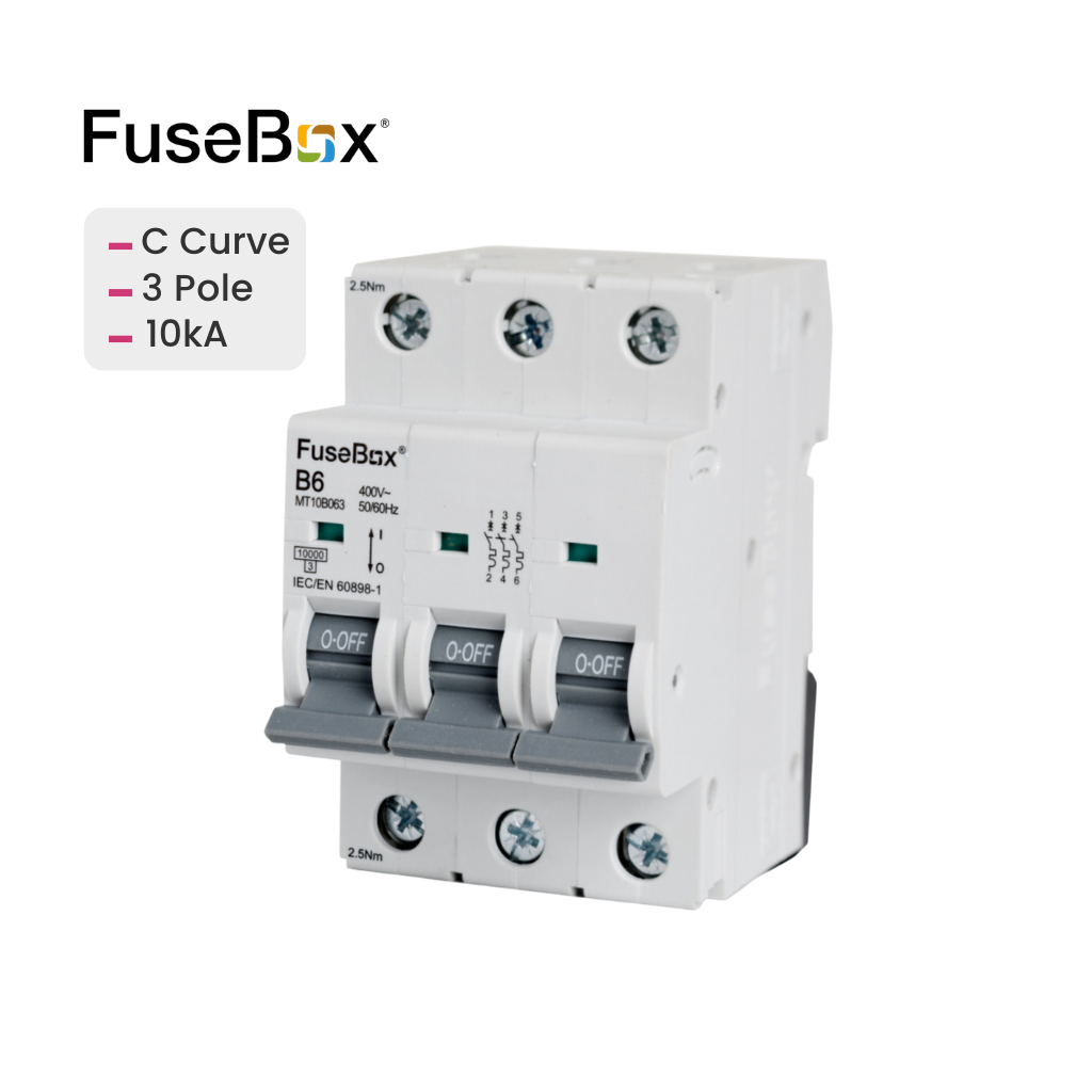 FuseBox electrical device with C Curve, 3 Pole, and 10kA specifications on a white background.