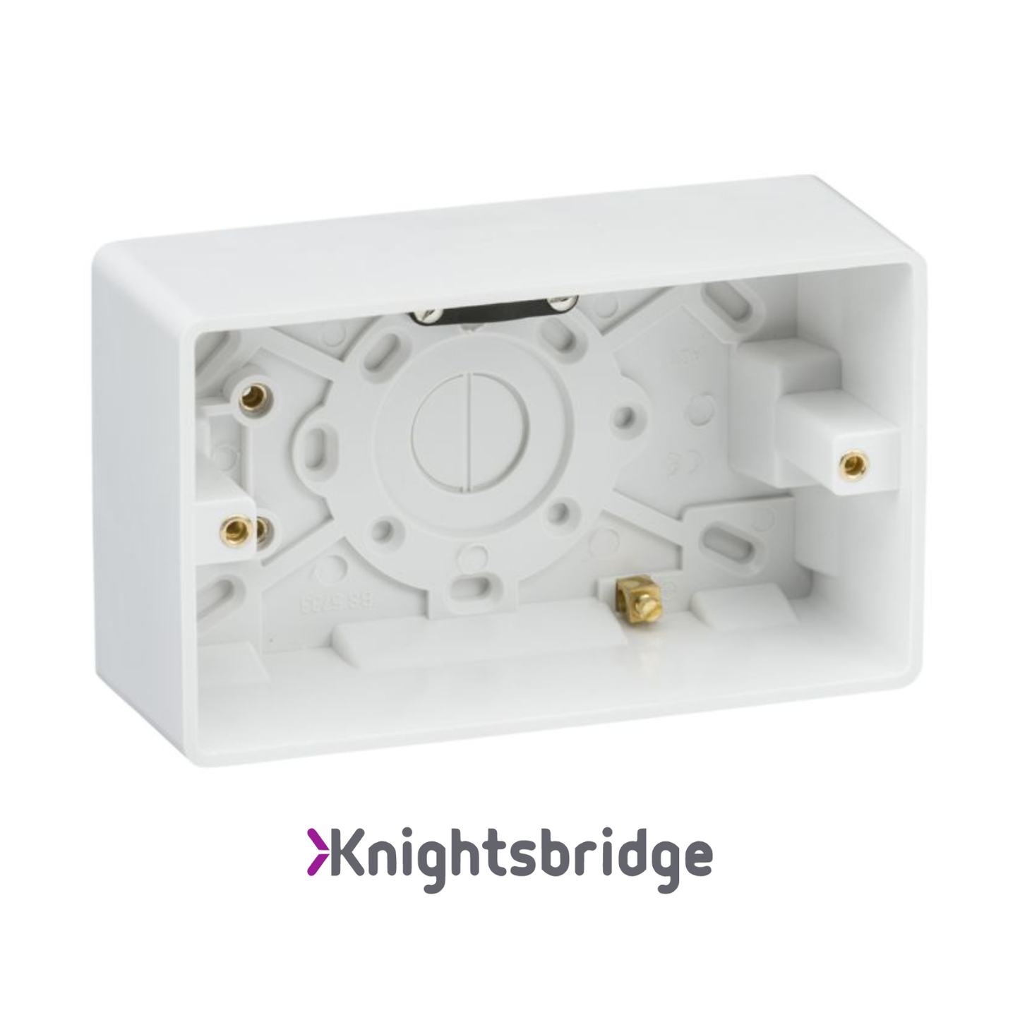 Knightsbridge | White PLastic | Curved Edge | Double 47mm Pattress Box with Earth Terminal & Cable Strain Relief