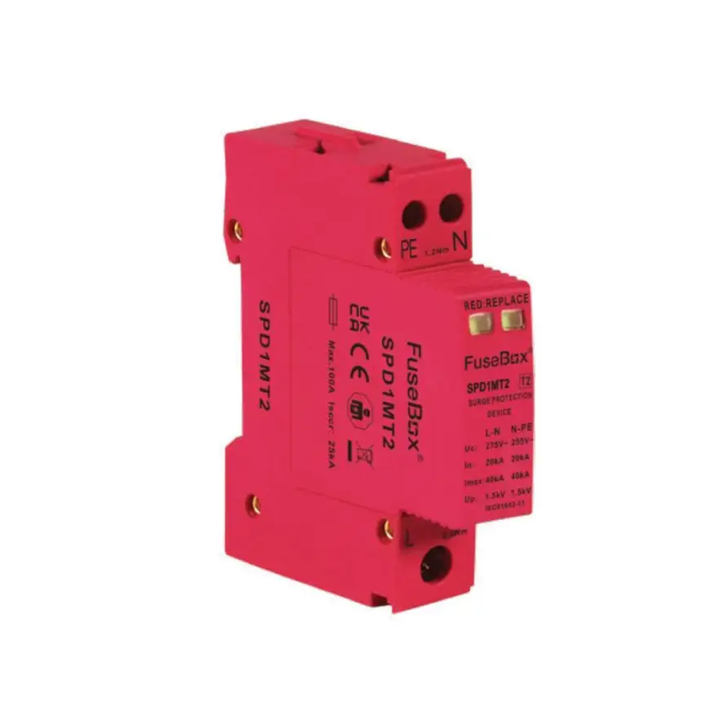 Red electrical fuse box on a white background