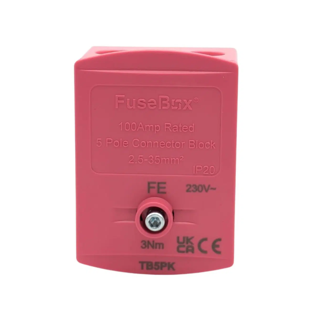 Pink FuseBox 100Amp Rated 5 Pole Connector Block on a white background