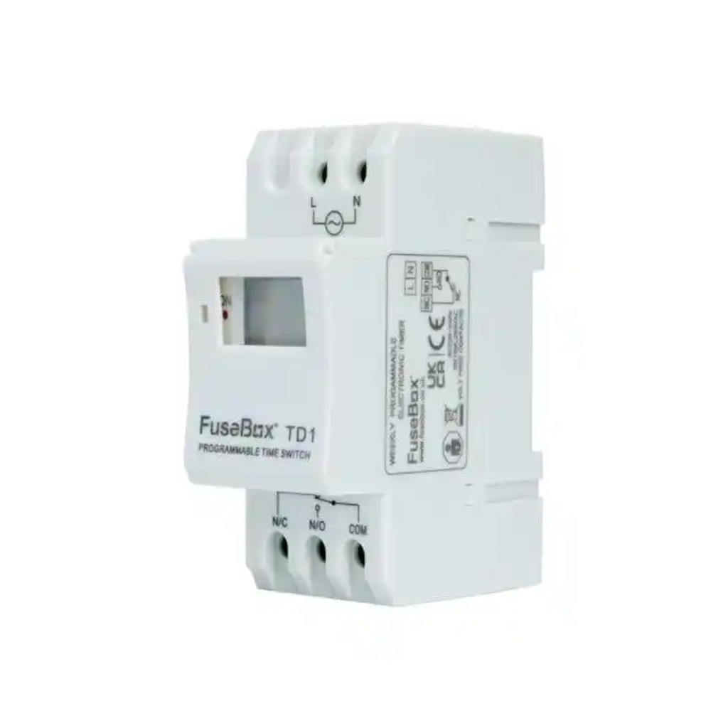 White electronic device labeled 'FuseBox TD1' on a white background