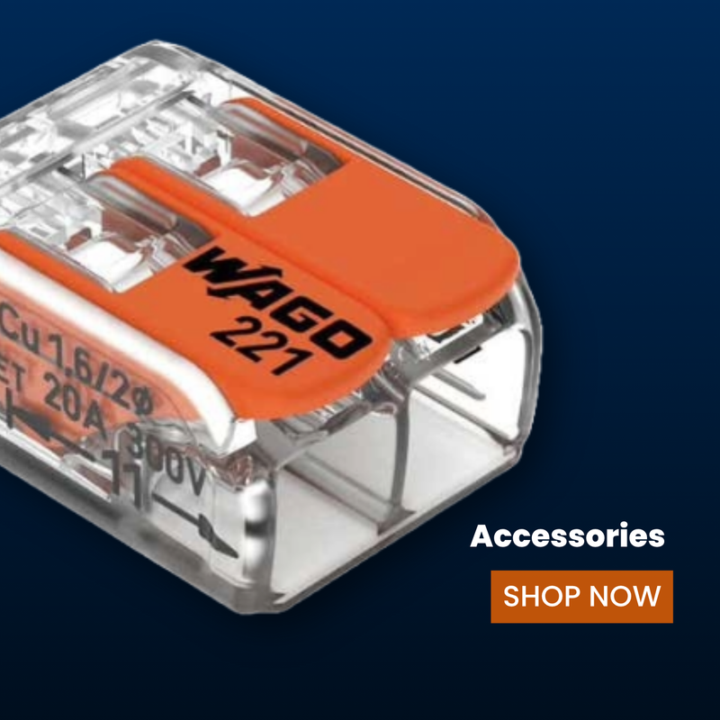 Professional electrical accessories cable management tools including cable clips cable cleats Wago 221 connectors and SWA cable glands