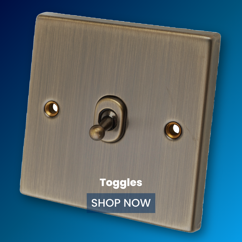 Premium toggle switches collection featuring vintage-style light switches in antique brass, chrome, and modern finishes for period and contemporary homes