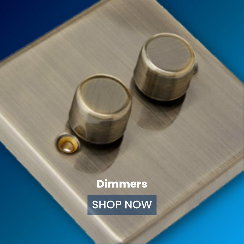 Premium dimmer switches collection featuring LED-compatible and traditional rotary dimmers in antique brass, chrome, and modern finishes for adjustable lighting control