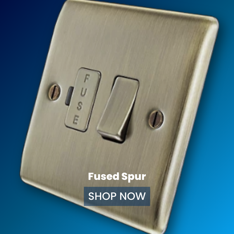Premium fused spur units collection featuring 13A switched and unswitched fused spurs in antique brass, chrome, and modern finishes for safe fixed appliance control
