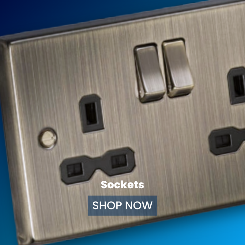 Premium electrical sockets collection featuring USB, single, and double sockets in antique brass, chrome, and modern finishes for every home