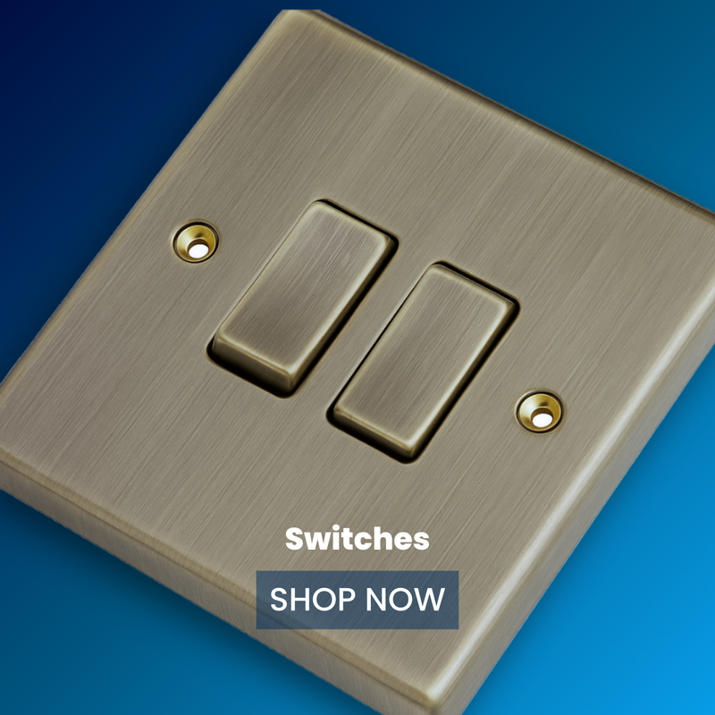 Premium electrical switches collection featuring toggle, dimmer, and rocker switches in various finishes including antique brass and chrome