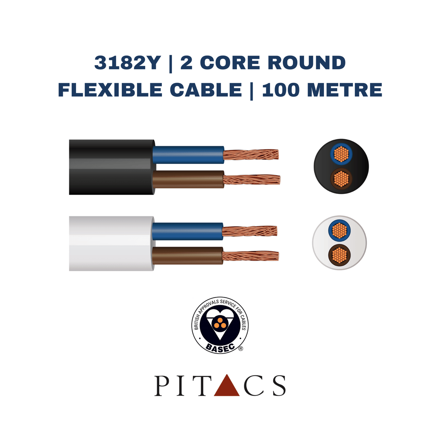 3182Y | 2 Core Round Flexible Cable | 100 Metre - Electrical Cable Store