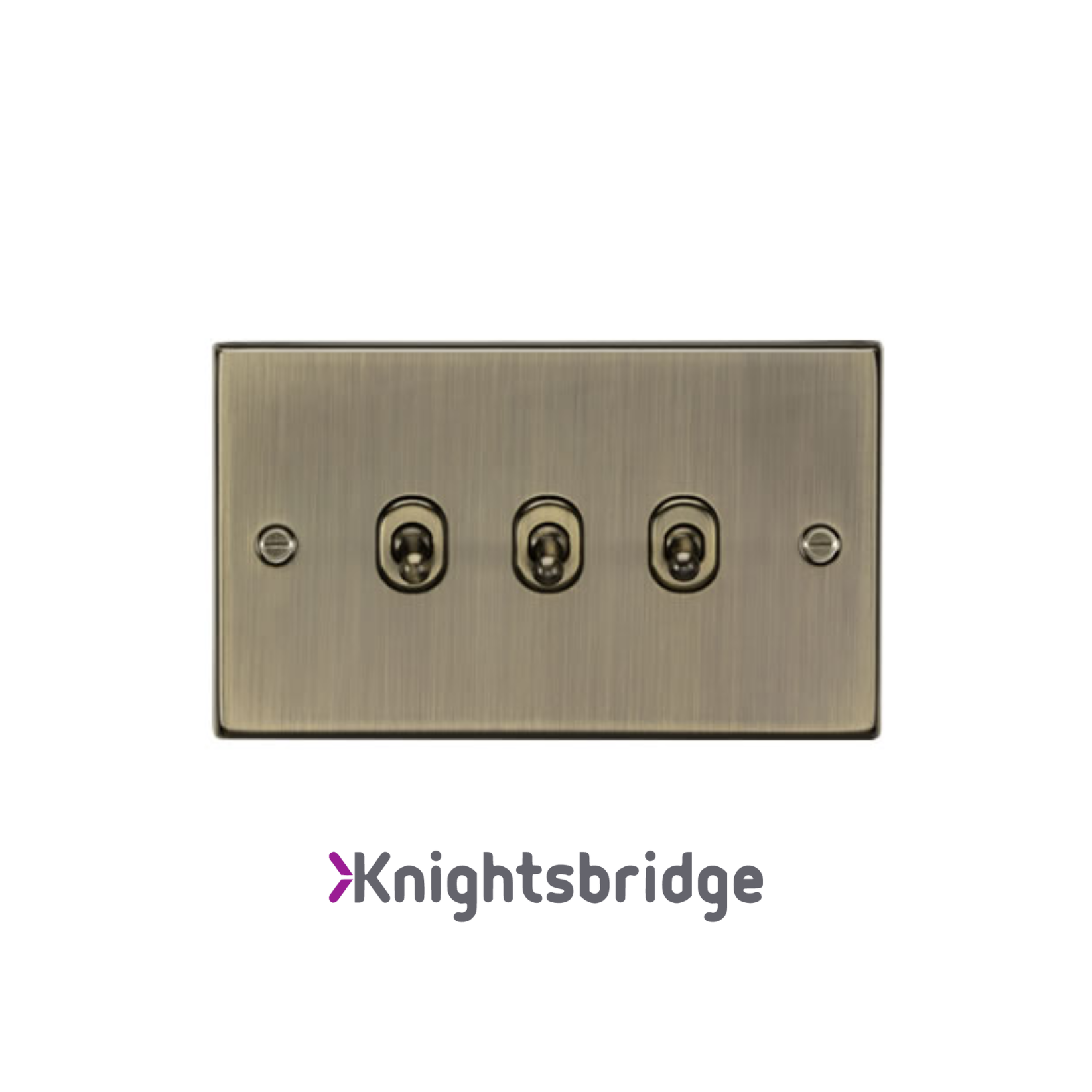 Brass-colored electrical switch plate with four sockets on a white background, featuring the Knightsbridge brand.