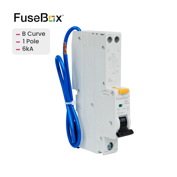 FuseBox electrical device with blue cable on a white background