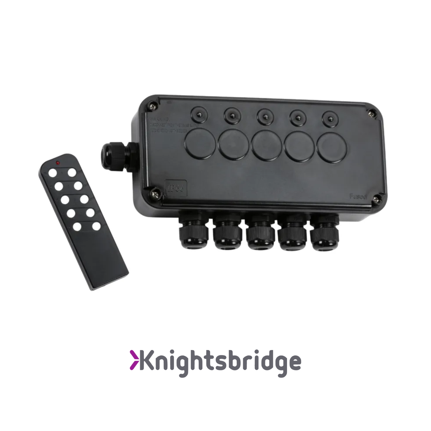 Black control box with buttons and a remote on a white background, featuring the Knightsbridge brand.