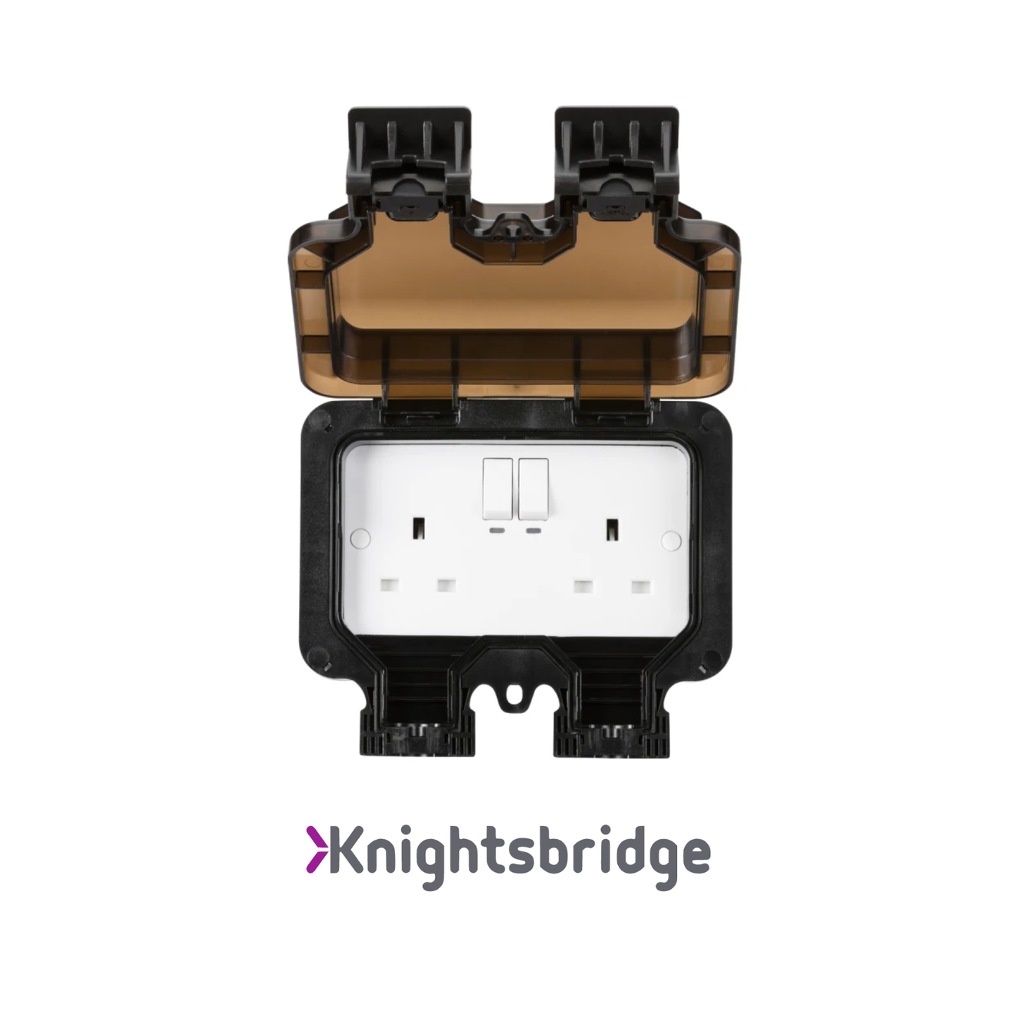 Electrical socket cover with Knightsbridge branding on a white background
