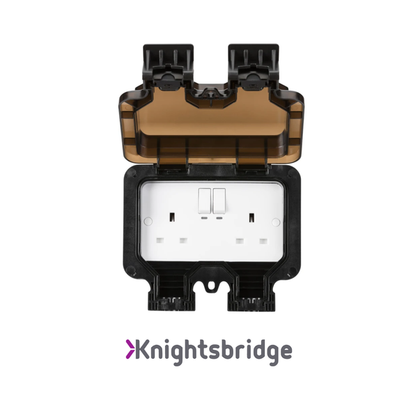 Electrical socket cover with Knightsbridge branding on a white background