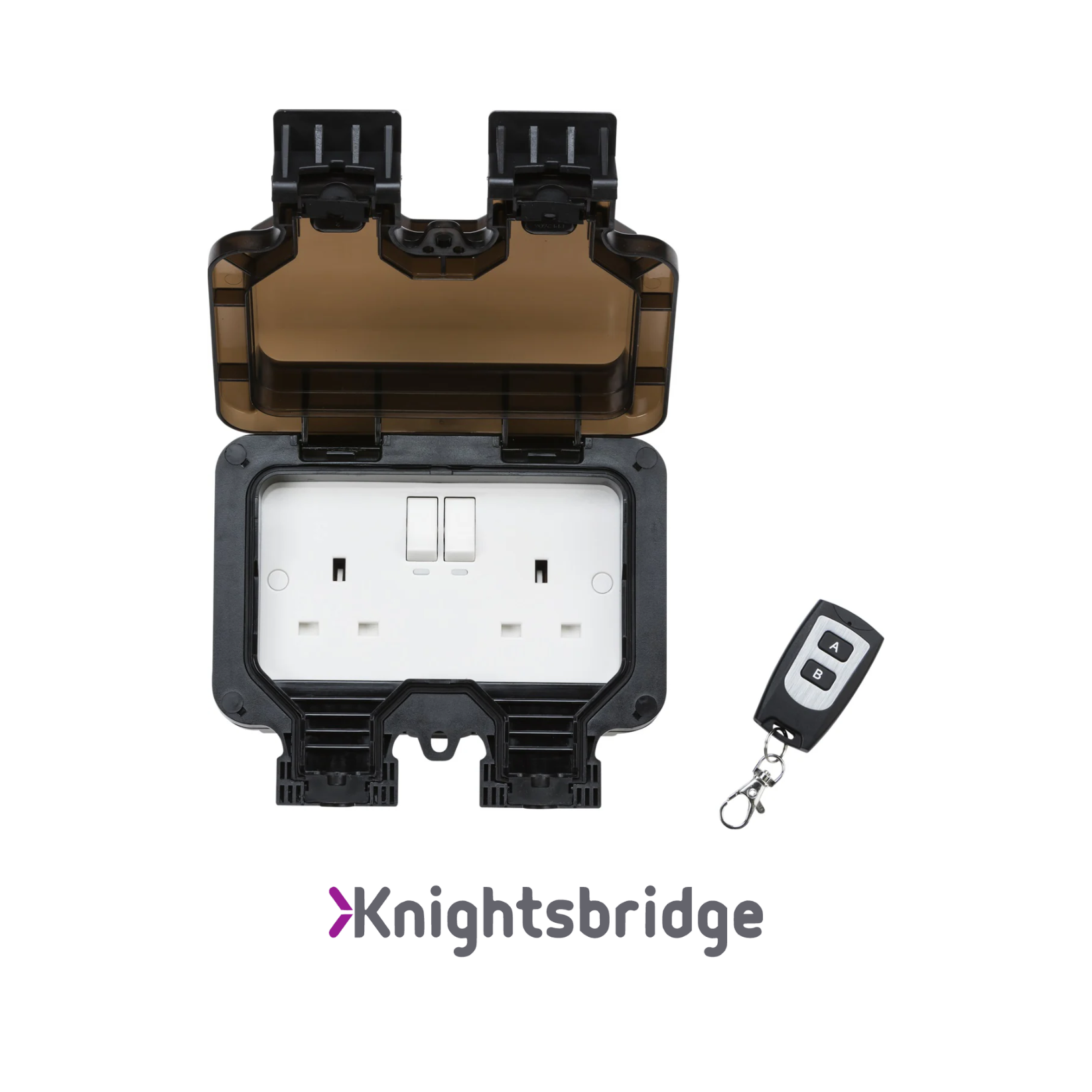 Electrical outlet cover with remote control on a white background, featuring the Knightsbridge brand.