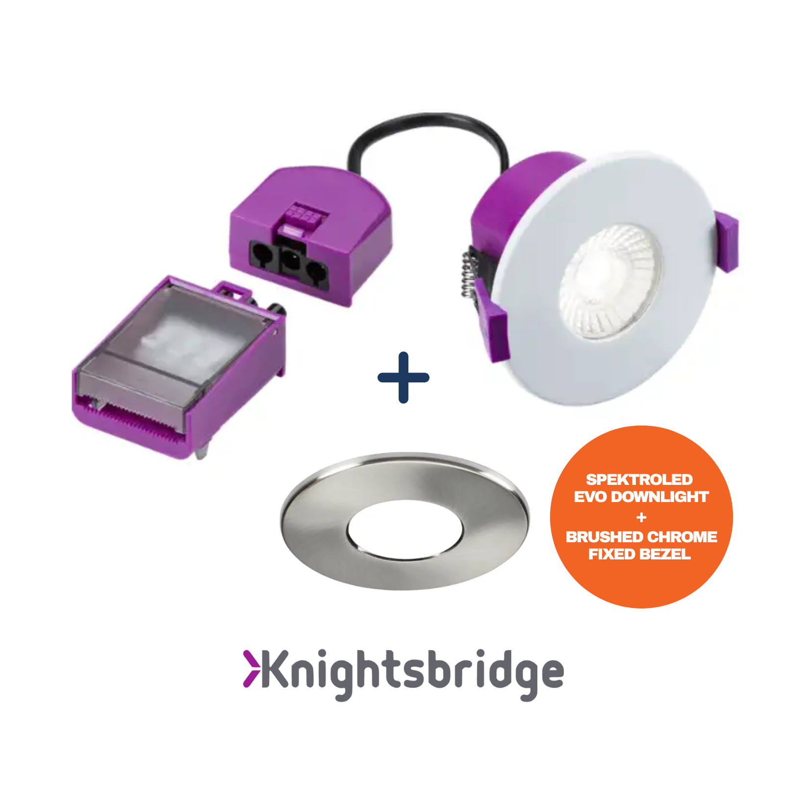 Knightsbridge spektroled evo downlight with purple housing and silver bezel on a white background