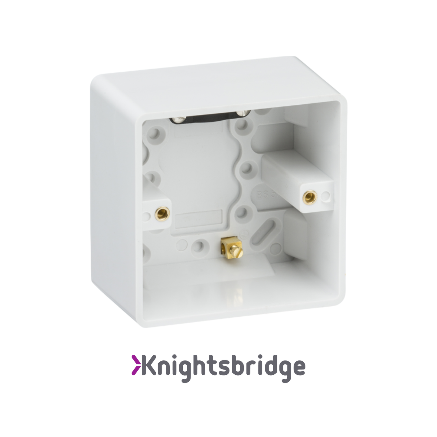 Knightsbridge | White PLastic | Curved Edge | Single Pattress Box 47mm with Earth Terminal & Cable Strain Relief
