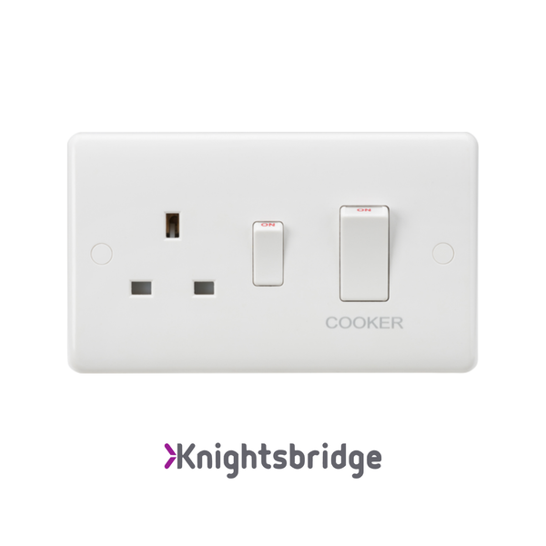 White electrical switch with two sockets and a rocker switch on a white background, branded 'Knightsbridge'.