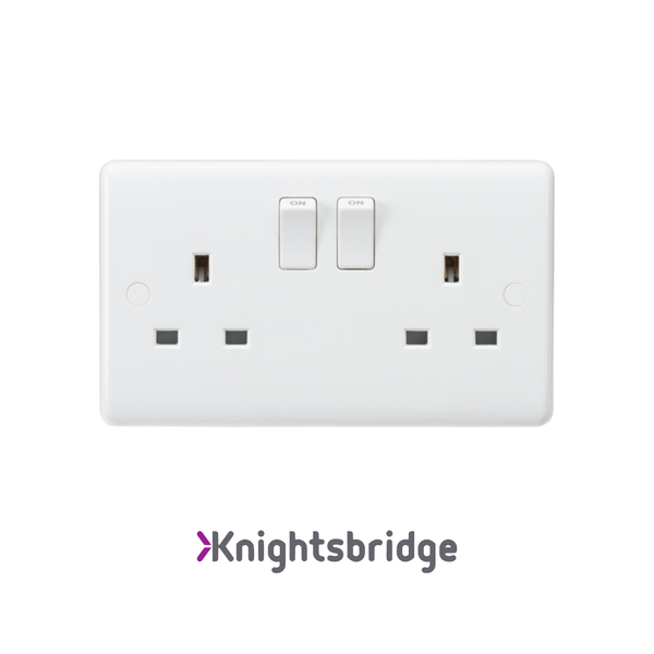 Knightsbridge | White PLastic | Curved Edge | 13A 2 Gang Plug Socket