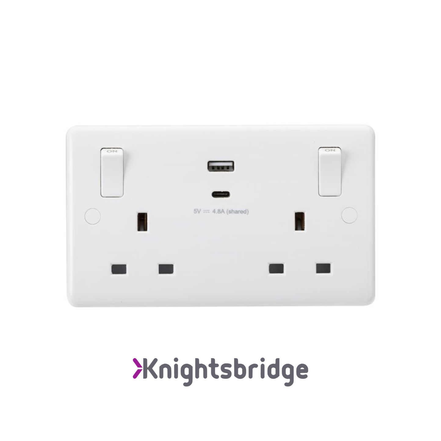 Knightsbridge | White PLastic | Curved Edge | Dual USB A+C (5V DC 4.8A shared) with Outboard Rockers Socket