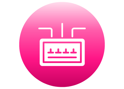 White icon of a factory on a pink circle with a white background