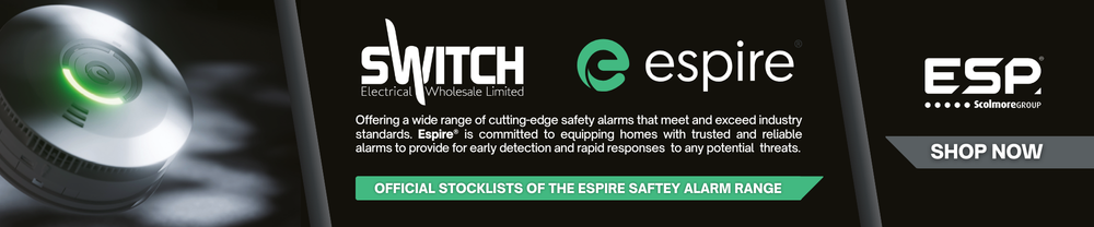 Advertisement for Switch Electrical Wholesalers featuring Espire safety alarm products.