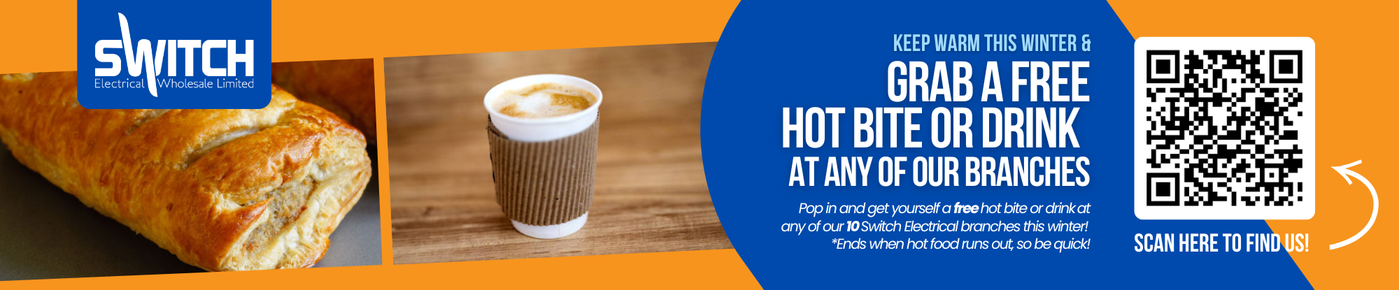 Promotional banner for Switch with a hot dog, coffee cup, and QR code on an orange background