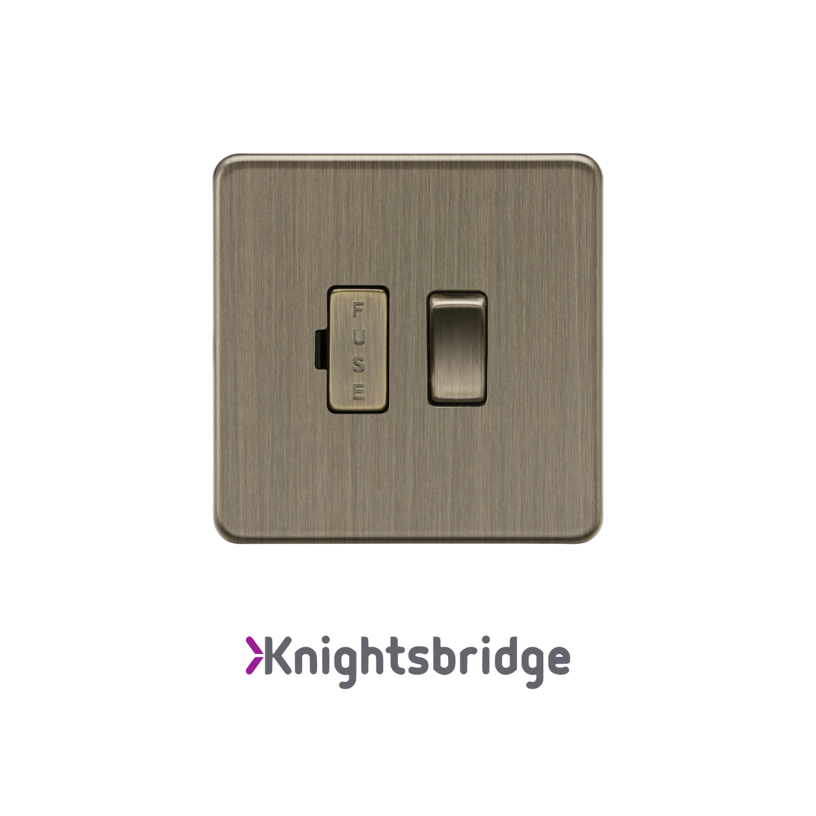 Brass-colored light switch with fuse indicator on a white background, featuring the Knightsbridge brand.