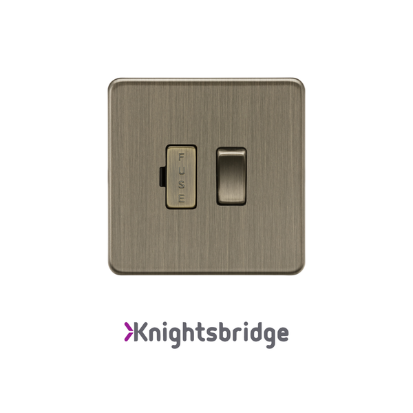 Brass-colored light switch with fuse indicator on a white background, featuring the Knightsbridge brand.