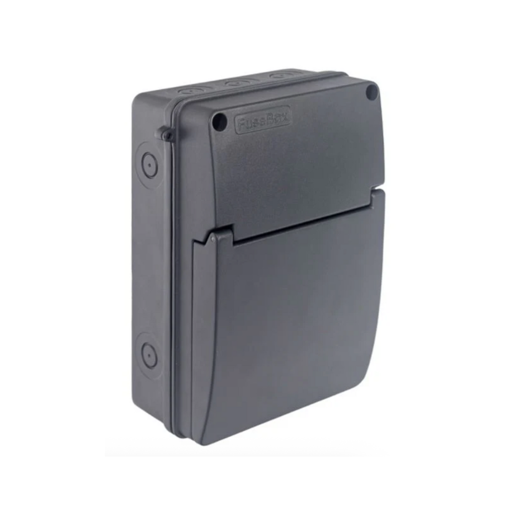 Black plastic junction box on a white background