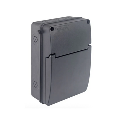 Black plastic junction box on a white background