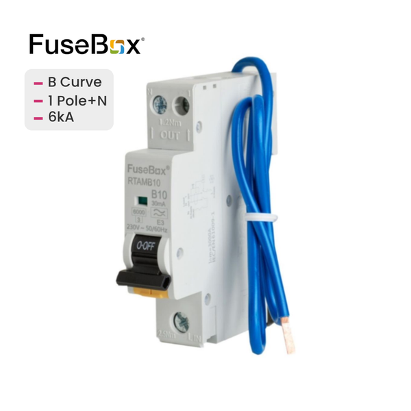 FuseBox electrical circuit breaker with blue wires on a white background