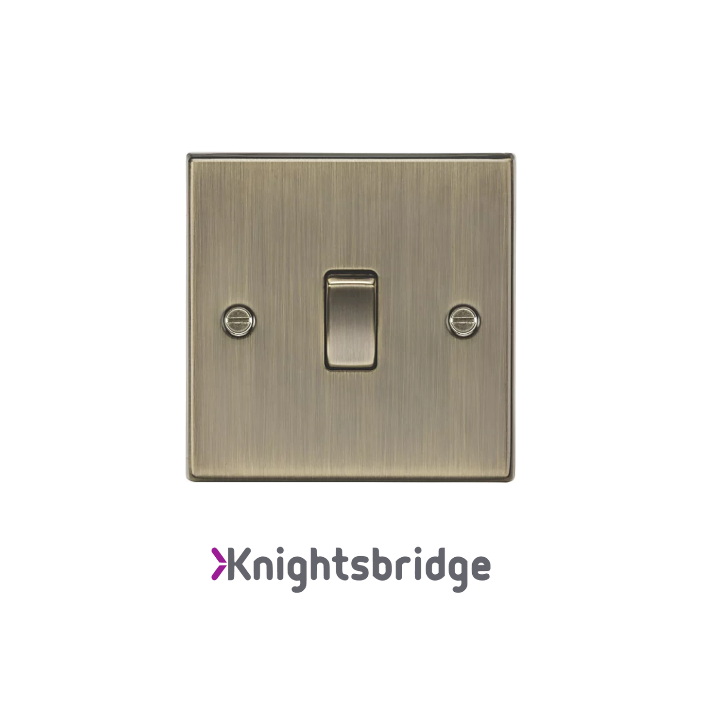 Brass light switch with 'Knightsbridge' branding on a white background