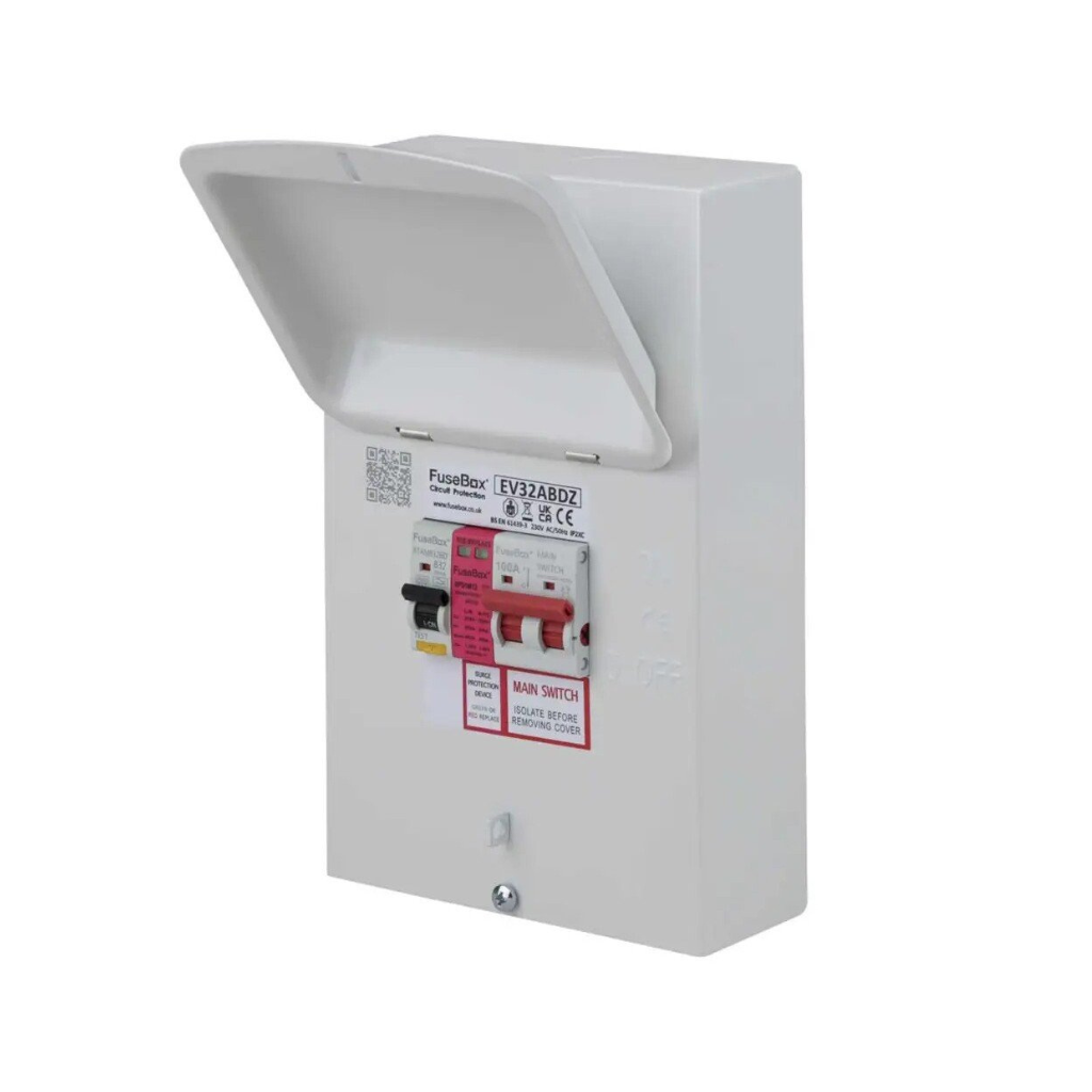 White electrical panel box with labels on a white background