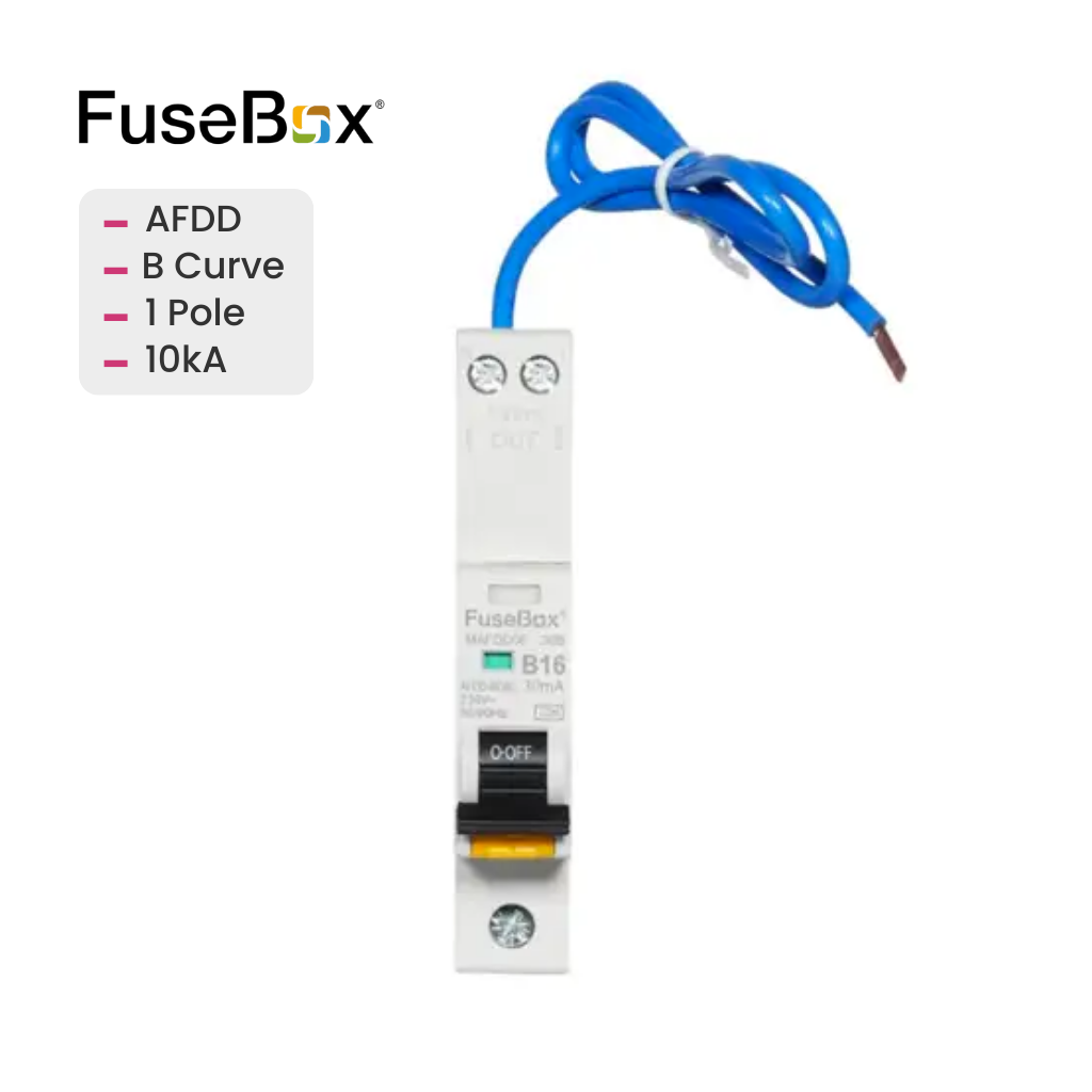 FuseBox fuse with blue wire on a white background