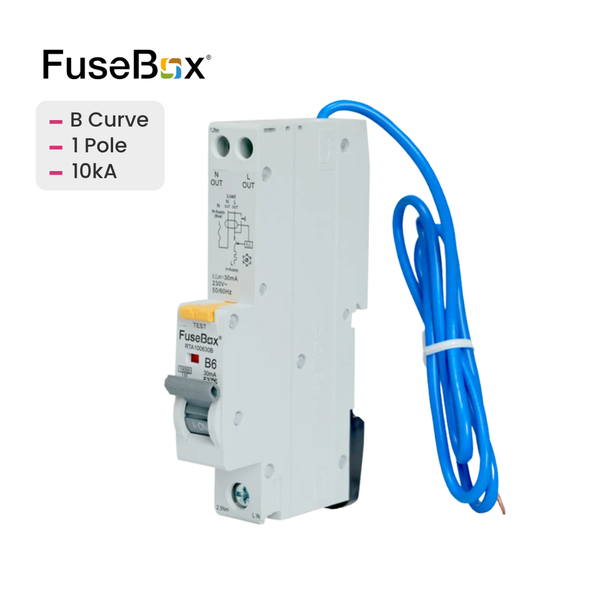 FuseBox electrical device with blue cable on a white background