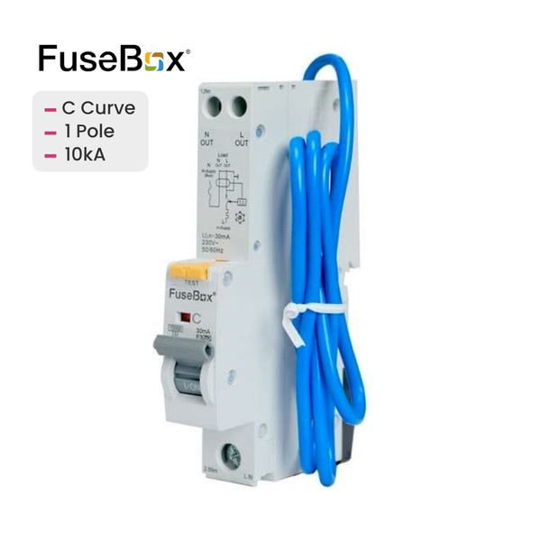 FuseBox electrical device with blue cable on a white background