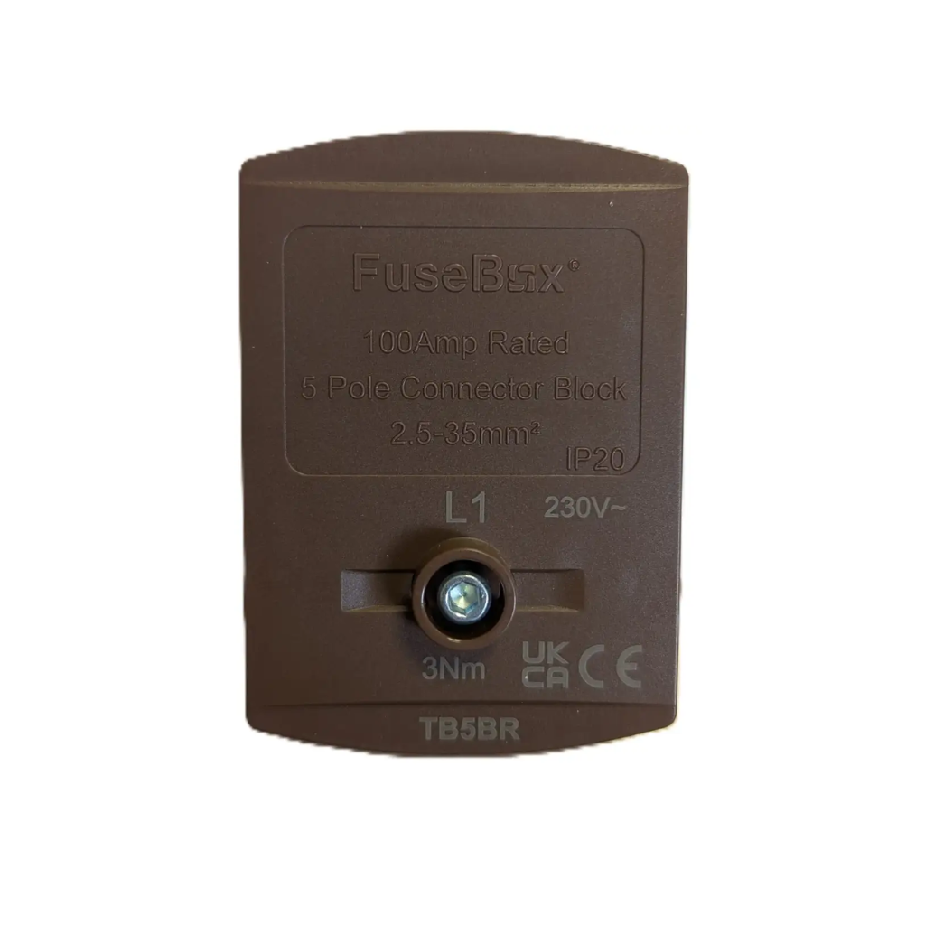 Brown FuseBox electrical connector block on a white background