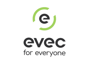 Logo of evec with a green circle and black text on a white background