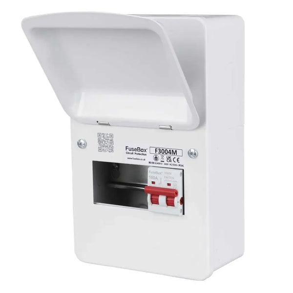 White electrical fuse box with visible branding on a white background