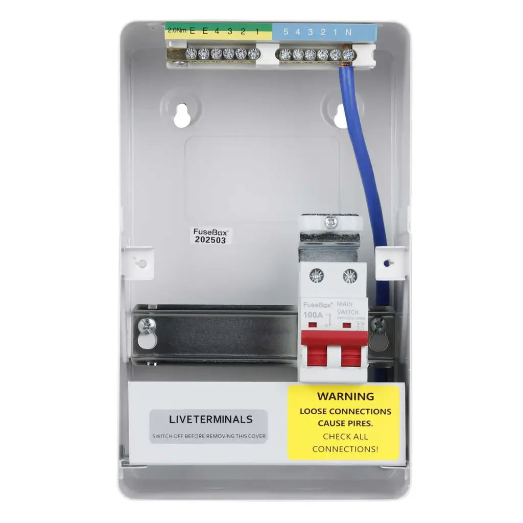 Electrical junction box with wiring and warning label on a white background