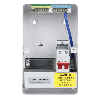 Electrical junction box with wiring and warning label on a white background