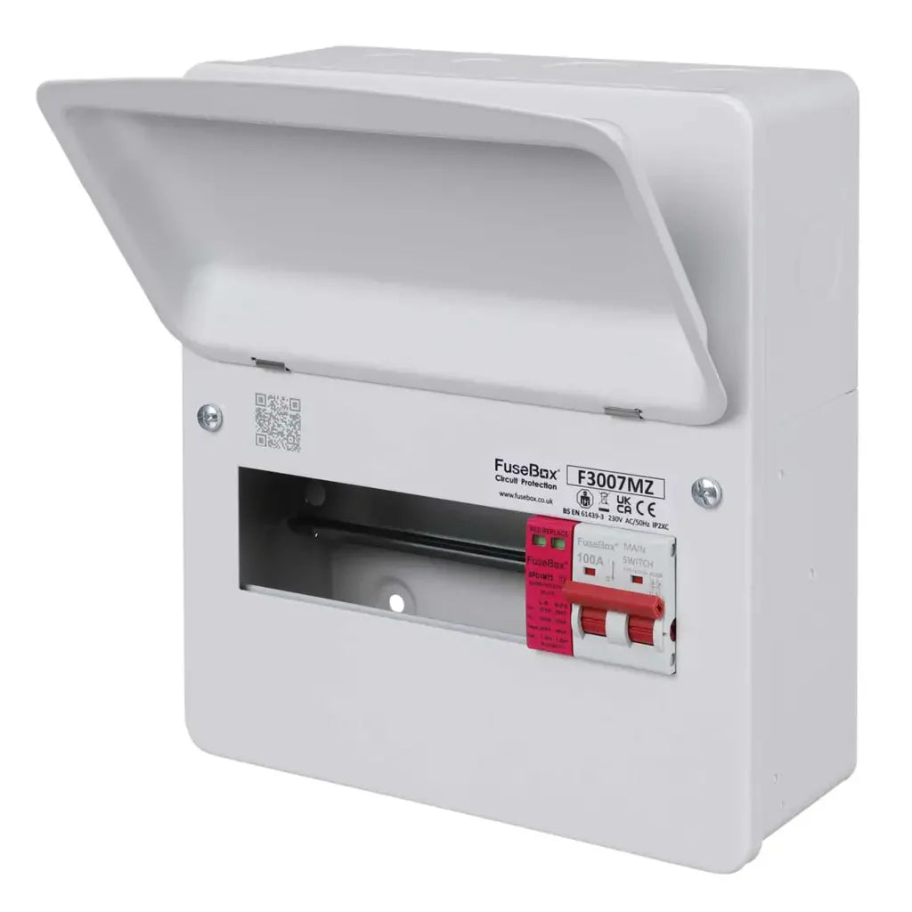 White electrical fuse box with visible branding on a white background