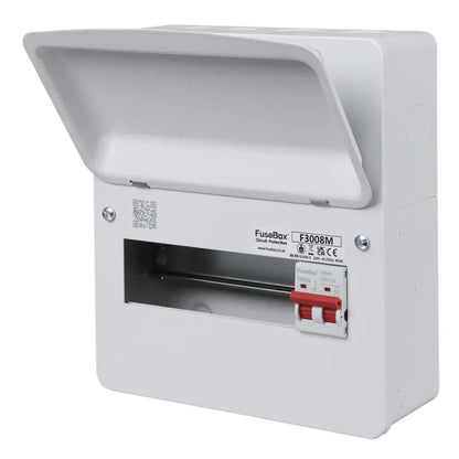 White electrical fuse box with visible branding on a white background