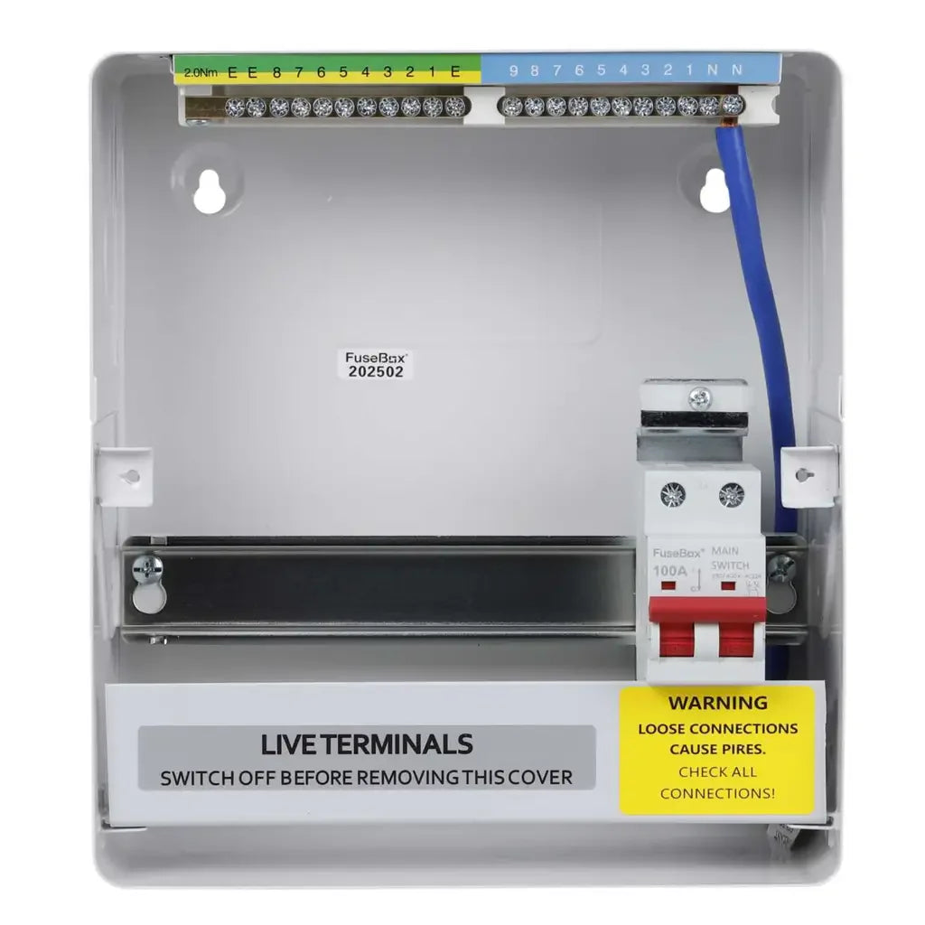 Electrical fuse box with live terminals and warning label on a white background