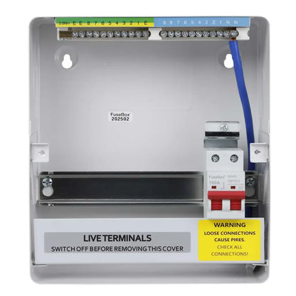 Electrical fuse box with live terminals and warning label on a white background