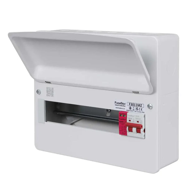 White electrical fuse box with visible branding on a white background