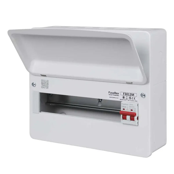 White electrical fuse box with visible branding on a white background