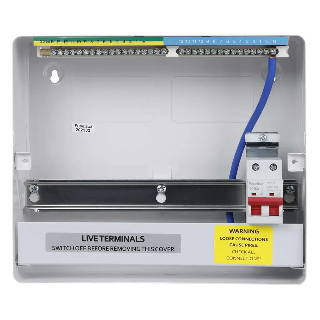 Electrical panel with wiring and labels on a white background