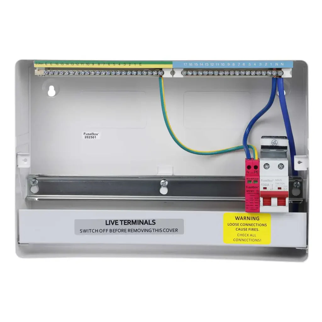 Electrical panel with wiring and labels on a white background